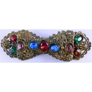 7/781 Vintage Antique Gold Tone Filigree Rhinestone Brooch Bow Shaped Pin